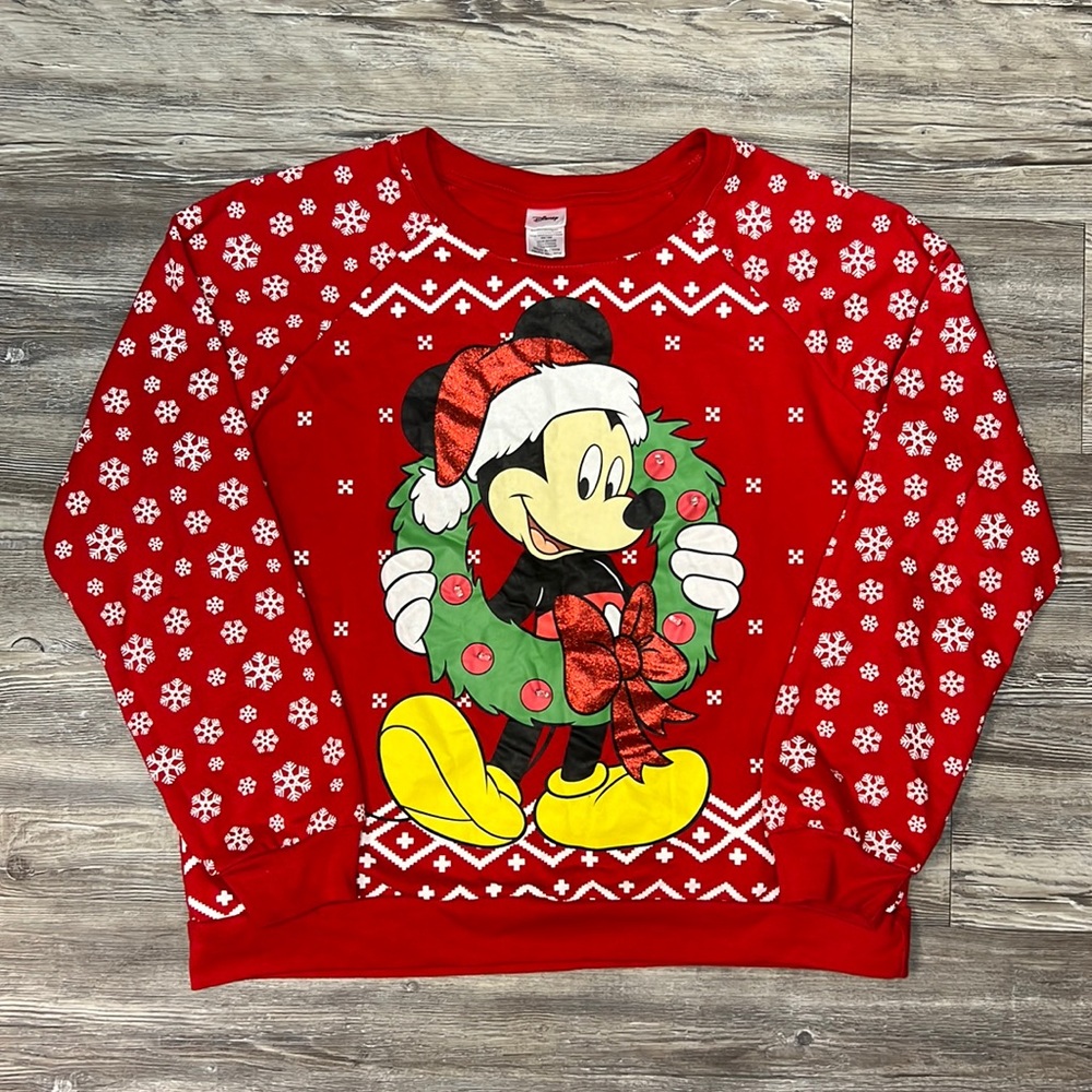 DISNEY Ugly Christmas Sweater Light Up Wreath Mickey Mouse Sweatshirt Youth XL